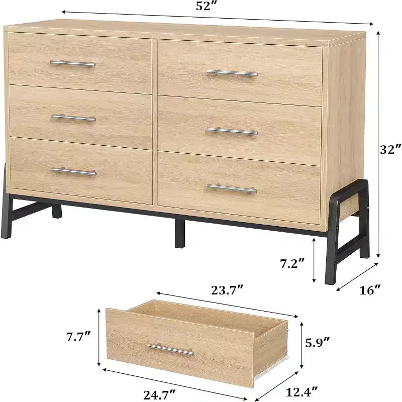 Commode large de 52 po, commode de chambre à 6 tiroirs, coffre de rangement en bois, armoire à 6 tiroirs, pour salon, chambre, entrée