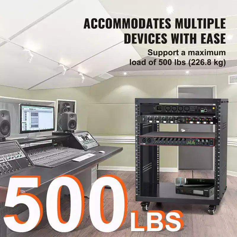 VEVOR Support de Rack AV 12U, Capacité 227 kg, Rack de Studio d'Enregistrement Stéréo Réseau avec Roues Verrouillables, Trous Ronds et Carrés, Évents Spéciaux