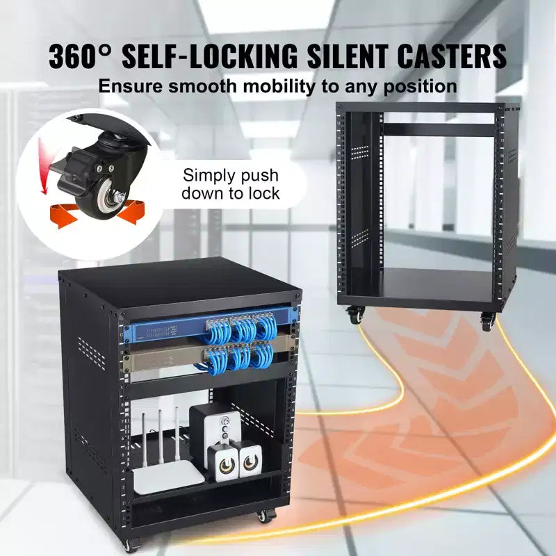 VEVOR Support de Rack AV 12U, Capacité 227 kg, Rack de Studio d'Enregistrement Stéréo Réseau avec Roues Verrouillables, Trous Ronds et Carrés, Évents Spéciaux