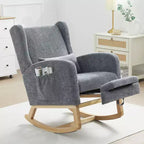 Hyleory Rocking Chair en Chenille avec Repose-pieds Rétractable, Pieds en Bois Massif, Long Patin Antidérapant, Soutien Lombaire et Poche Latérale