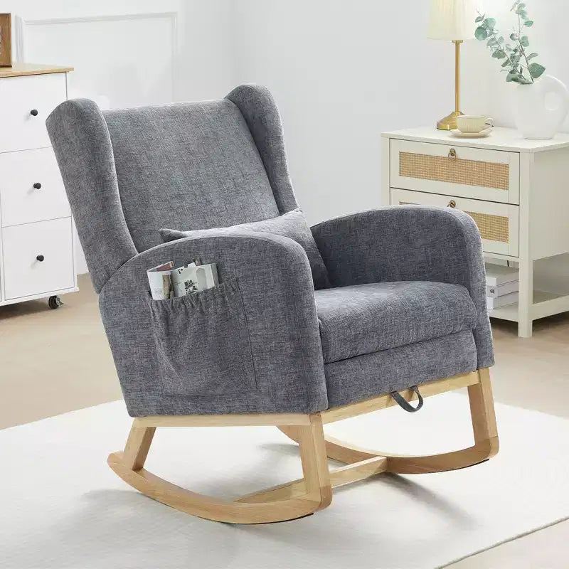 Hyleory Rocking Chair en Chenille avec Repose-pieds Rétractable, Pieds en Bois Massif, Long Patin Antidérapant, Soutien Lombaire et Poche Latérale