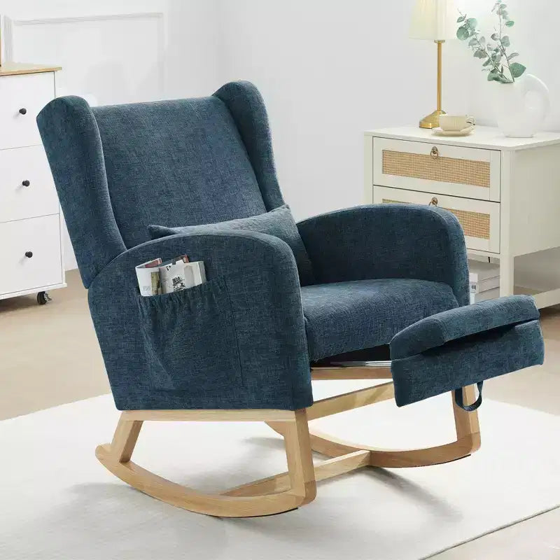 Hyleory Rocking Chair en Chenille avec Repose-pieds Rétractable, Pieds en Bois Massif, Long Patin Antidérapant, Soutien Lombaire et Poche Latérale