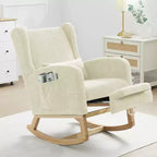 Hyleory Rocking Chair en Chenille avec Repose-pieds Rétractable, Pieds en Bois Massif, Long Patin Antidérapant, Soutien Lombaire et Poche Latérale