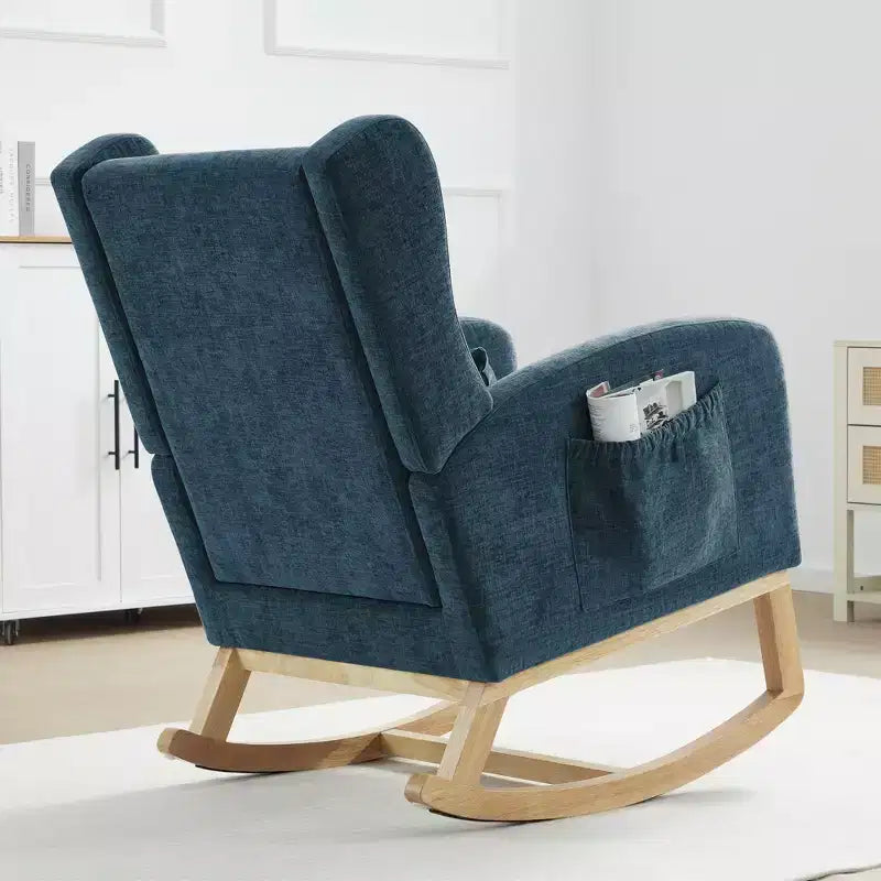 Hyleory Rocking Chair en Chenille avec Repose-pieds Rétractable, Pieds en Bois Massif, Long Patin Antidérapant, Soutien Lombaire et Poche Latérale