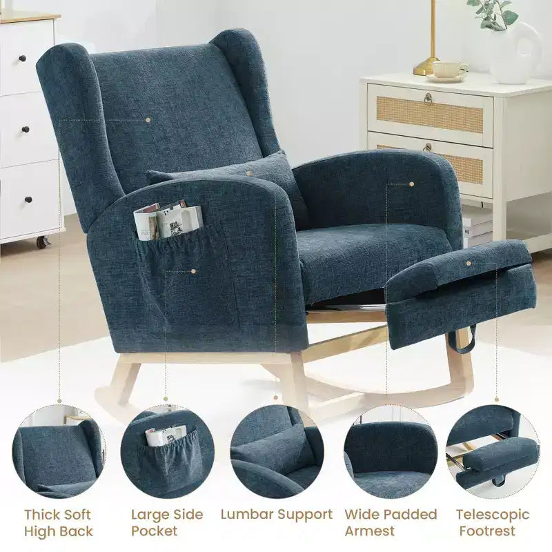Hyleory Rocking Chair en Chenille avec Repose-pieds Rétractable, Pieds en Bois Massif, Long Patin Antidérapant, Soutien Lombaire et Poche Latérale
