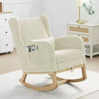 Hyleory Rocking Chair en Chenille avec Repose-pieds Rétractable, Pieds en Bois Massif, Long Patin Antidérapant, Soutien Lombaire et Poche Latérale