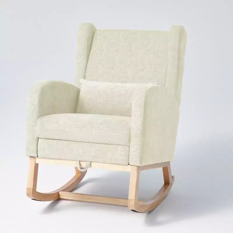 Hyleory Rocking Chair en Chenille avec Repose-pieds Rétractable, Pieds en Bois Massif, Long Patin Antidérapant, Soutien Lombaire et Poche Latérale