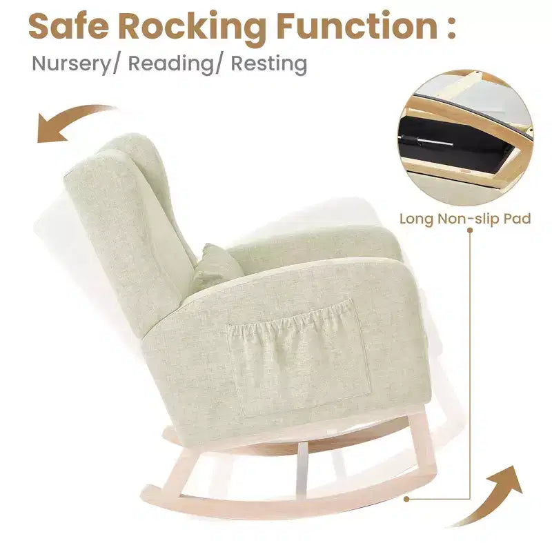 Hyleory Rocking Chair en Chenille avec Repose-pieds Rétractable, Pieds en Bois Massif, Long Patin Antidérapant, Soutien Lombaire et Poche Latérale