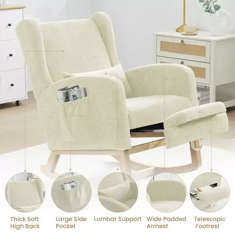 Hyleory Rocking Chair en Chenille avec Repose-pieds Rétractable, Pieds en Bois Massif, Long Patin Antidérapant, Soutien Lombaire et Poche Latérale