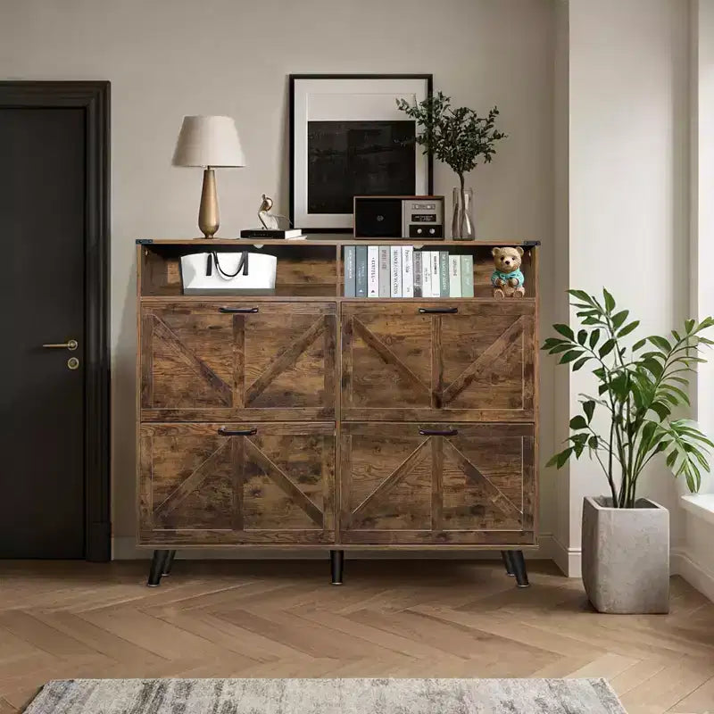 Meuble à Chaussures avec 4 Tiroirs Basculants et Rangement Ouvert - Organisateur Étroit Autonome Marron Foncé pour Entrée, Couloir, Salon