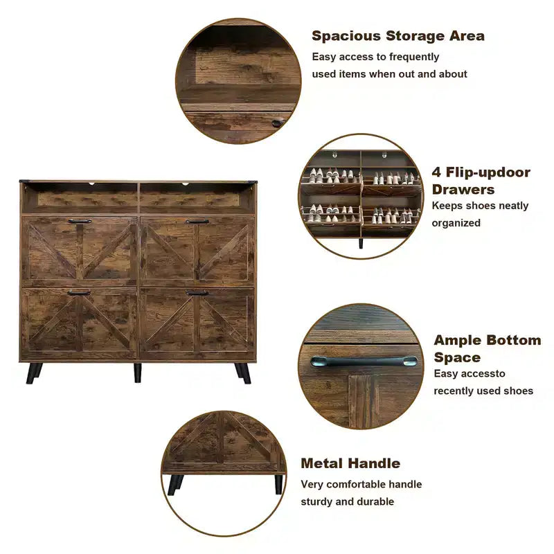 Meuble à Chaussures avec 4 Tiroirs Basculants et Rangement Ouvert - Organisateur Étroit Autonome Marron Foncé pour Entrée, Couloir, Salon