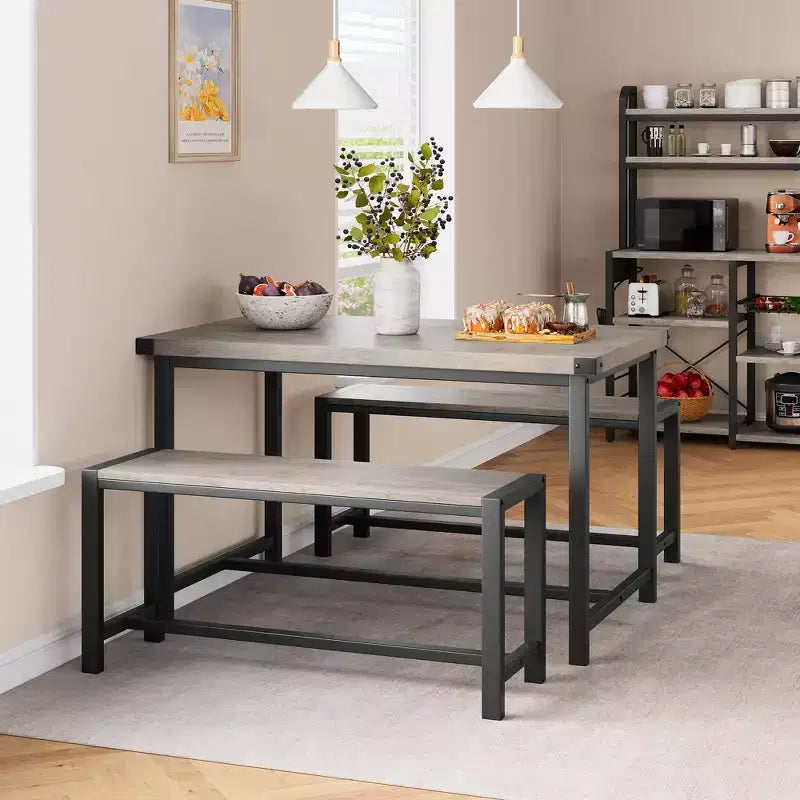 Ensemble table à manger pour 4, table de cuisine avec bancs, ensemble table de salle à manger rectangulaire avec 2 bancs rembourrés, ensemble table à manger 3 pièces