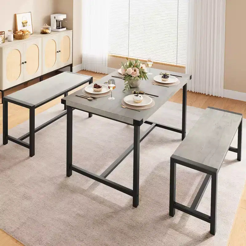 Ensemble table à manger pour 4, table de cuisine avec bancs, ensemble table de salle à manger rectangulaire avec 2 bancs rembourrés, ensemble table à manger 3 pièces