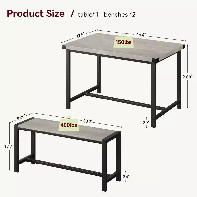Ensemble table à manger pour 4, table de cuisine avec bancs, ensemble table de salle à manger rectangulaire avec 2 bancs rembourrés, ensemble table à manger 3 pièces