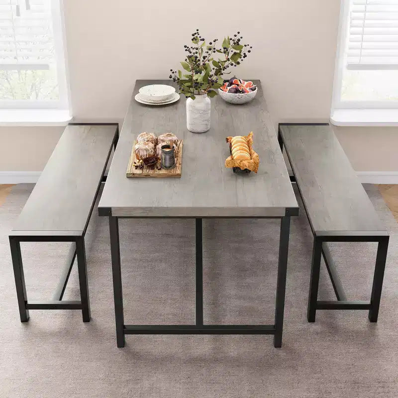 Ensemble table à manger pour 4, table de cuisine avec bancs, ensemble table de salle à manger rectangulaire avec 2 bancs rembourrés, ensemble table à manger 3 pièces