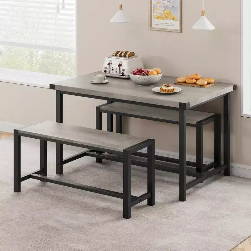 Ensemble table à manger pour 4, table de cuisine avec bancs, ensemble table de salle à manger rectangulaire avec 2 bancs rembourrés, ensemble table à manger 3 pièces
