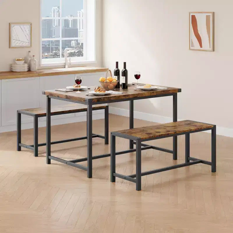 Ensemble table à manger pour 4, table de cuisine avec bancs, ensemble table de salle à manger rectangulaire avec 2 bancs rembourrés, ensemble table à manger 3 pièces