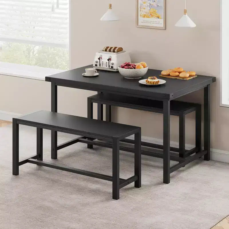 Ensemble table à manger pour 4, table de cuisine avec bancs, ensemble table de salle à manger rectangulaire avec 2 bancs rembourrés, ensemble table à manger 3 pièces