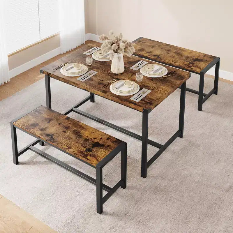 Ensemble table à manger pour 4, table de cuisine avec bancs, ensemble table de salle à manger rectangulaire avec 2 bancs rembourrés, ensemble table à manger 3 pièces