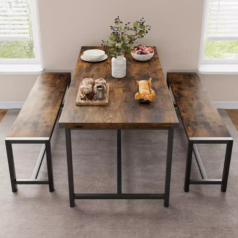 Ensemble table à manger pour 4, table de cuisine avec bancs, ensemble table de salle à manger rectangulaire avec 2 bancs rembourrés, ensemble table à manger 3 pièces