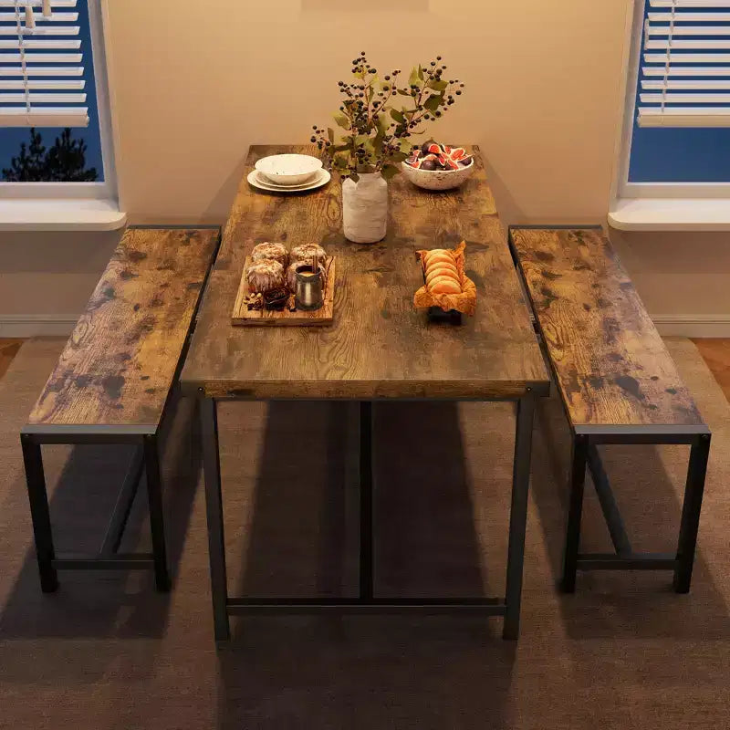 Ensemble table à manger pour 4, table de cuisine avec bancs, ensemble table de salle à manger rectangulaire avec 2 bancs rembourrés, ensemble table à manger 3 pièces