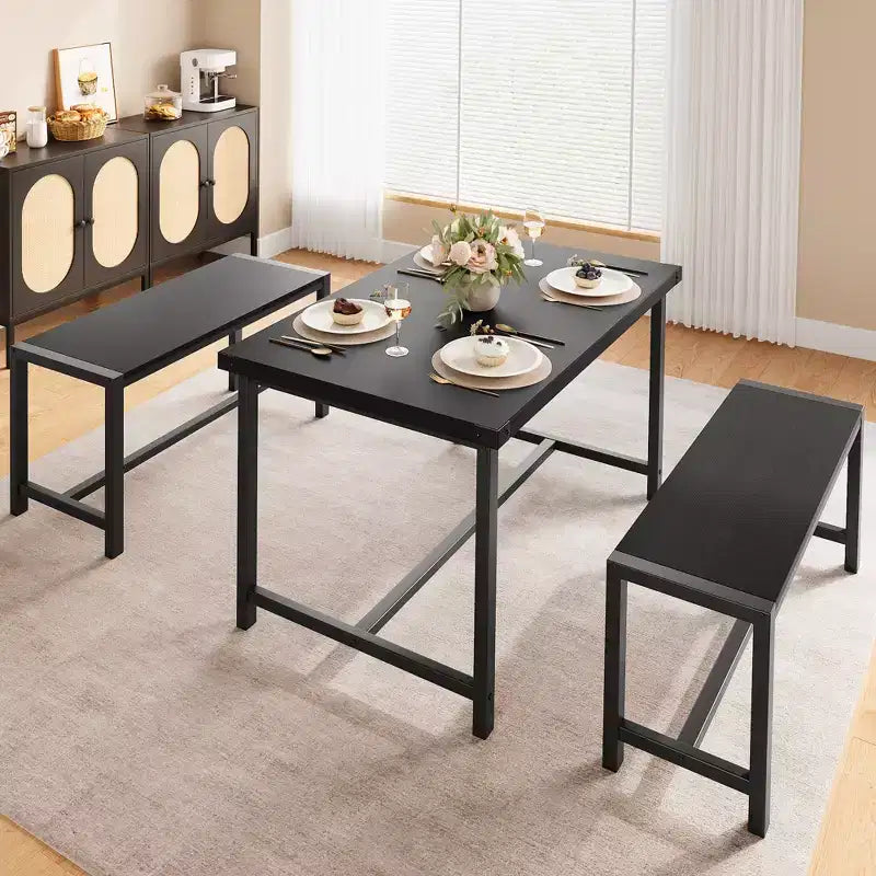 Ensemble table à manger pour 4, table de cuisine avec bancs, ensemble table de salle à manger rectangulaire avec 2 bancs rembourrés, ensemble table à manger 3 pièces