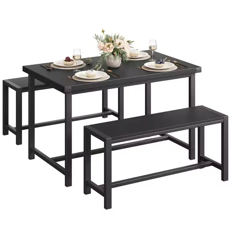 Ensemble table à manger pour 4, table de cuisine avec bancs, ensemble table de salle à manger rectangulaire avec 2 bancs rembourrés, ensemble table à manger 3 pièces