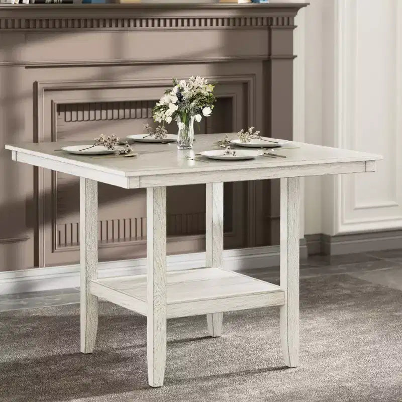 VECELO Ensemble de salle à manger rustique 5 pièces, table carrée en bois d'hévéa avec étagère et 4 chaises de salle à manger sans accoudoirs rembourrées pour la cuisine, Gris