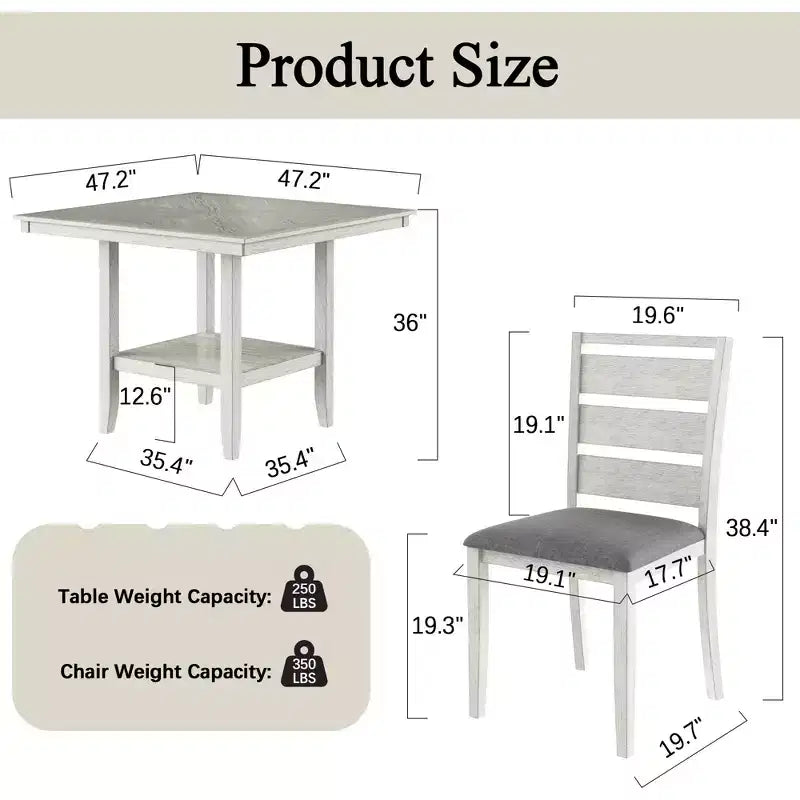 VECELO Ensemble de salle à manger rustique 5 pièces, table carrée en bois d'hévéa avec étagère et 4 chaises de salle à manger sans accoudoirs rembourrées pour la cuisine, Gris