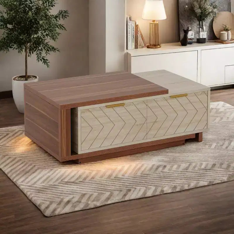 Table basse MAYEERTY motifs en V, placages de noyer et de chêne, accents en laiton, mobilier de salon moderne