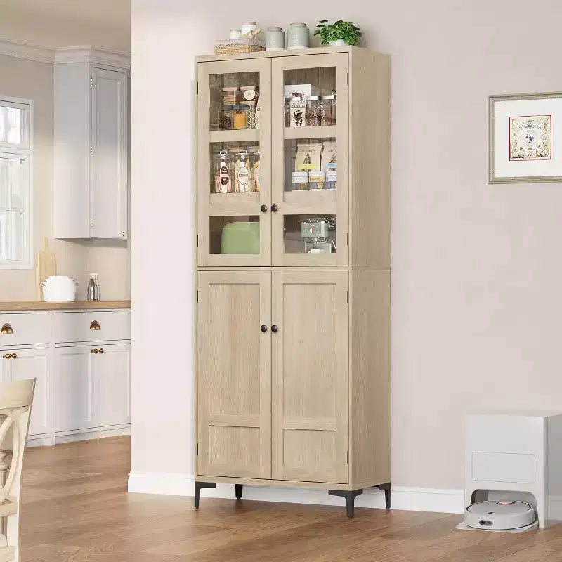 Armoire de cuisine avec portes vitrées, meuble de rangement autonome avec étagères réglables