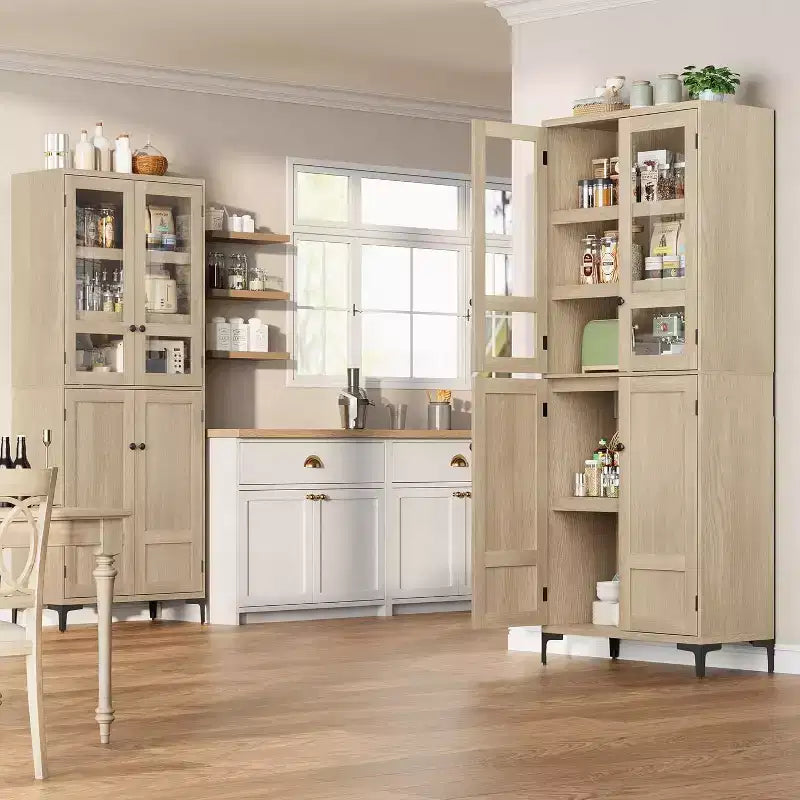 Armoire de cuisine avec portes vitrées, meuble de rangement autonome avec étagères réglables