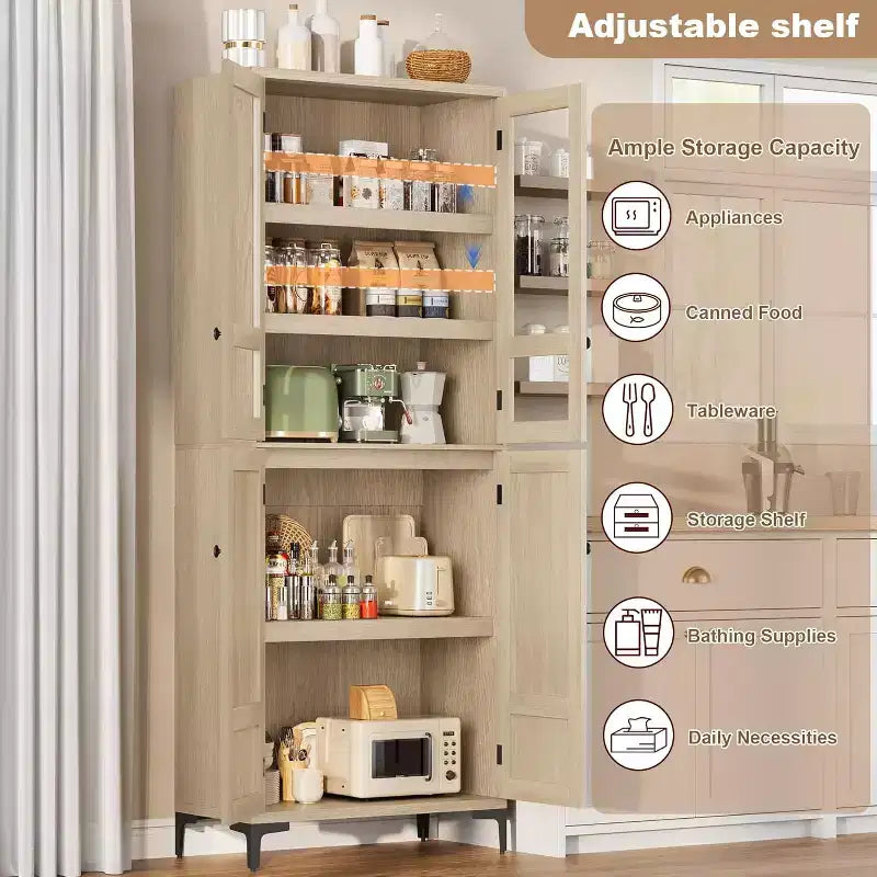 Armoire de cuisine avec portes vitrées, meuble de rangement autonome avec étagères réglables
