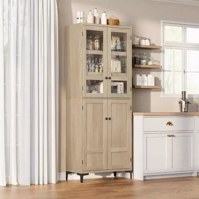 Armoire de cuisine avec portes vitrées, meuble de rangement autonome avec étagères réglables