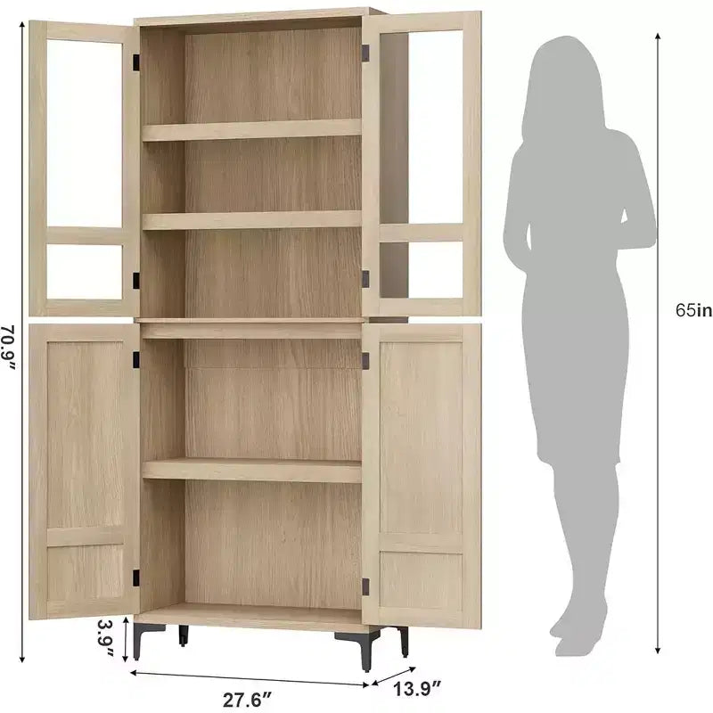 Armoire de cuisine avec portes vitrées, meuble de rangement autonome avec étagères réglables