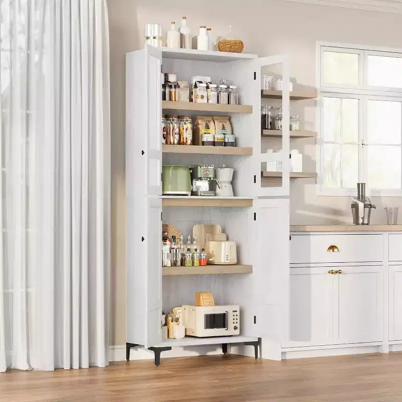 Armoire de cuisine avec portes vitrées, meuble de rangement autonome avec étagères réglables