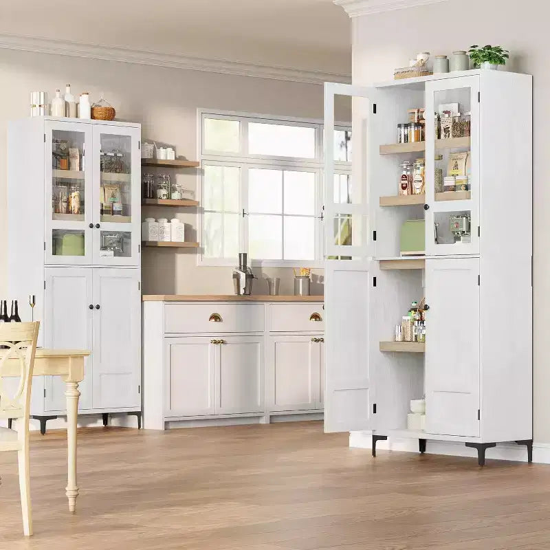 Armoire de cuisine avec portes vitrées, meuble de rangement autonome avec étagères réglables