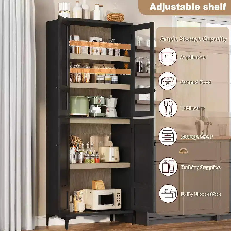 Armoire de cuisine avec portes vitrées, meuble de rangement autonome avec étagères réglables
