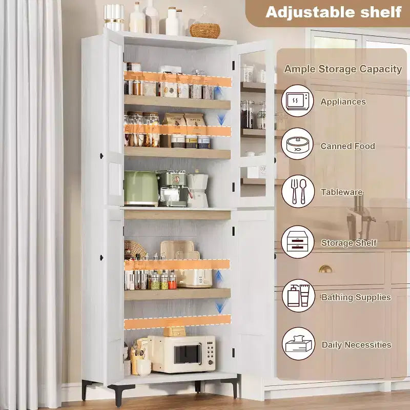 Armoire de cuisine avec portes vitrées, meuble de rangement autonome avec étagères réglables