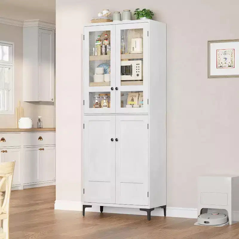 Armoire de cuisine avec portes vitrées, meuble de rangement autonome avec étagères réglables