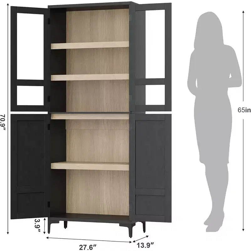 Armoire de cuisine avec portes vitrées, meuble de rangement autonome avec étagères réglables