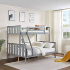 MAYEERTY Twin over Full Bunk Bed for Kids, Wooden Bed Frame with High Guardrail and Ladder, No Box Spring Needed, Gray