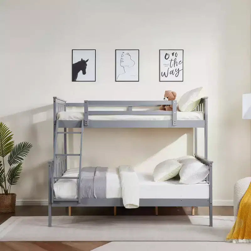MAYEERTY Lit superposé double sur toute la longueur pour enfants, cadre de lit en bois avec garde-corps haut et échelle, pas besoin de sommier, gris