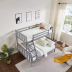 MAYEERTY Lit superposé double sur toute la longueur pour enfants, cadre de lit en bois avec garde-corps haut et échelle, pas besoin de sommier, gris
