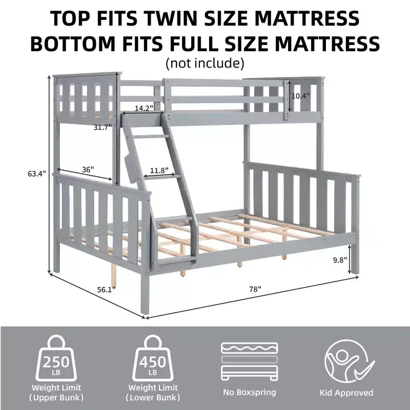 MAYEERTY Lit superposé double sur toute la longueur pour enfants, cadre de lit en bois avec garde-corps haut et échelle, pas besoin de sommier, gris