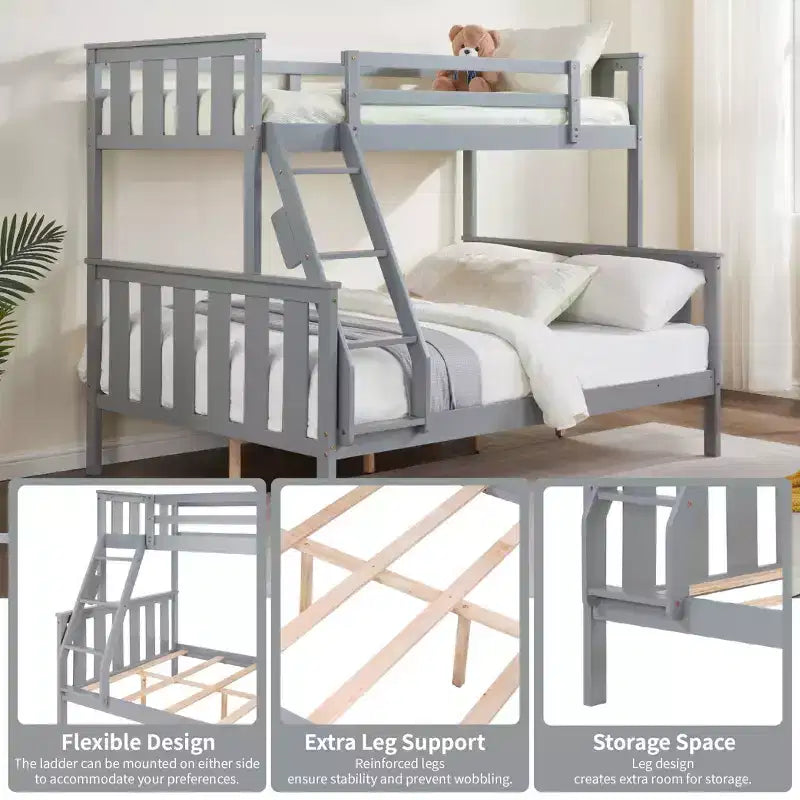 MAYEERTY Lit superposé double sur toute la longueur pour enfants, cadre de lit en bois avec garde-corps haut et échelle, pas besoin de sommier, gris