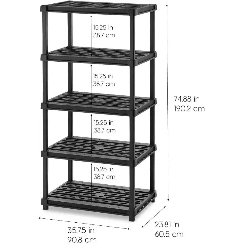 Étagères de rangement en plastique robuste IRIS USA à 5 niveaux, capacité de 340 kg, organisateur de rangement pour garage, noir