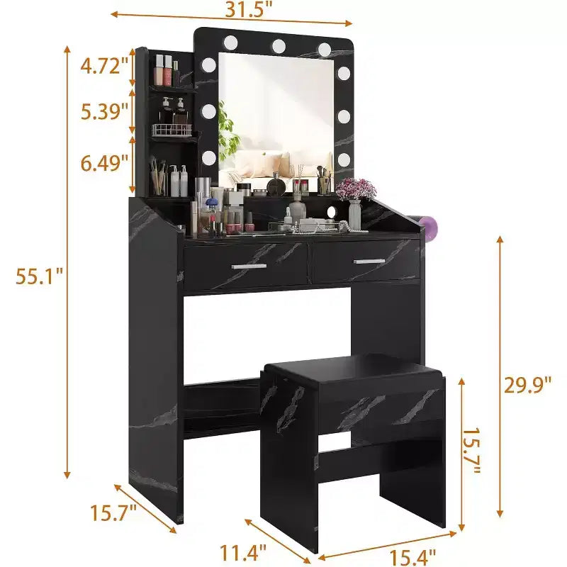 Coiffeuse avec miroir, coiffeuse avec tabouret rembourré, 3 modes d'éclairage et luminosité réglable