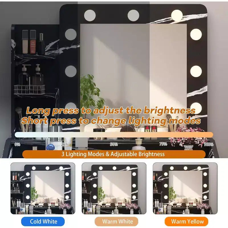 Coiffeuse avec miroir, coiffeuse avec tabouret rembourré, 3 modes d'éclairage et luminosité réglable