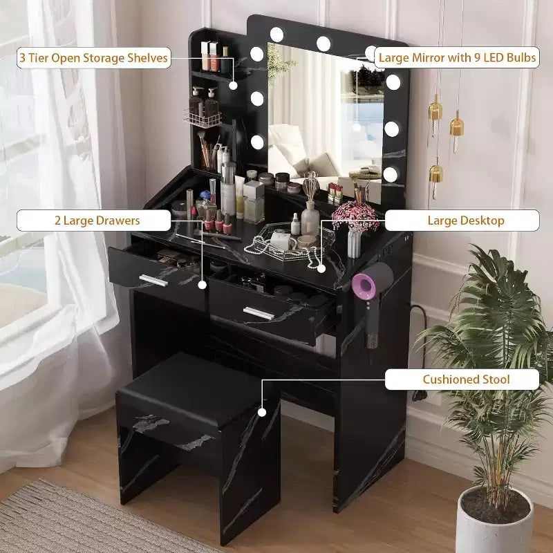 Coiffeuse avec miroir, coiffeuse avec tabouret rembourré, 3 modes d'éclairage et luminosité réglable